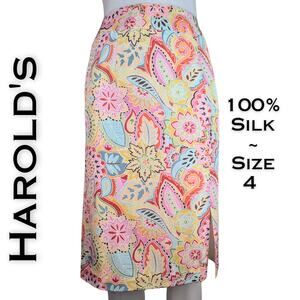 Harold's Silk Straight Skirt 4 Pink Peach Pastel Paisley Floral Graphic Retro